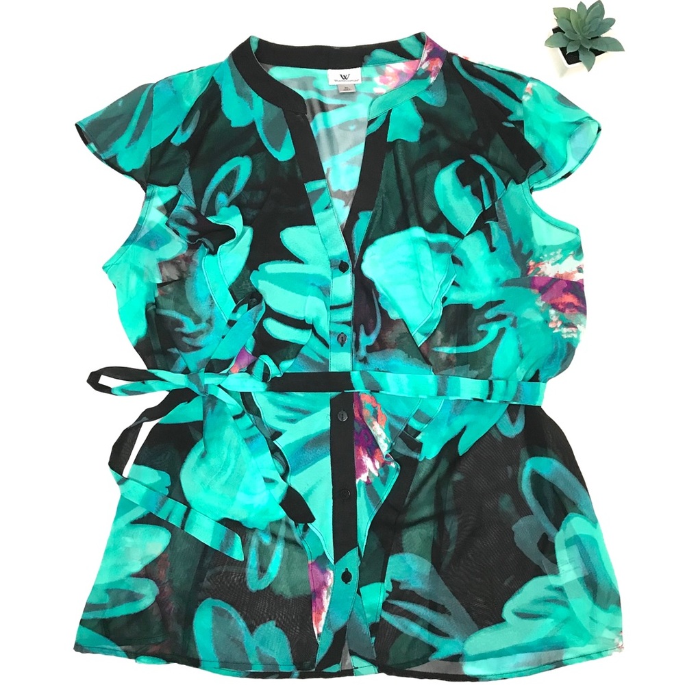 WORTHINGTON Button Down Floral Belted Blouse Sz XL